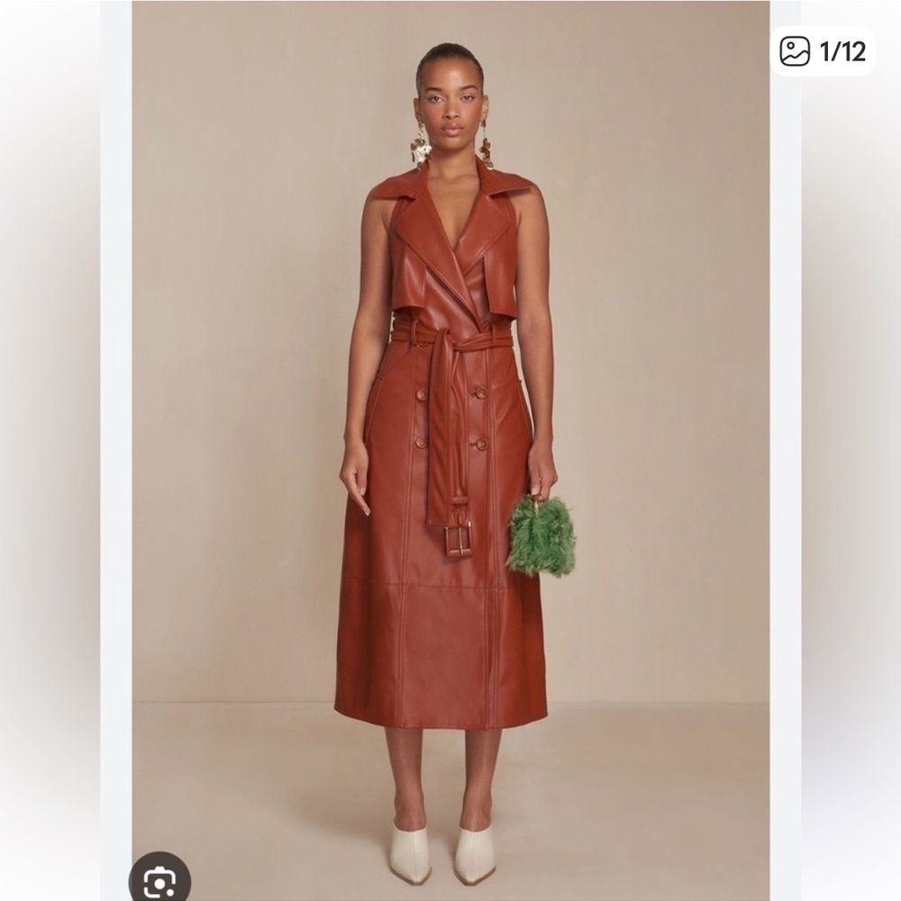 cult gaia reverie brown trench style sleevless faux leather belted midi dress